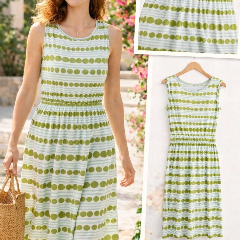 Boden Green Polka Dot Stripe Jersey Dress Cinched Waist Sleeveless US 8L Midi